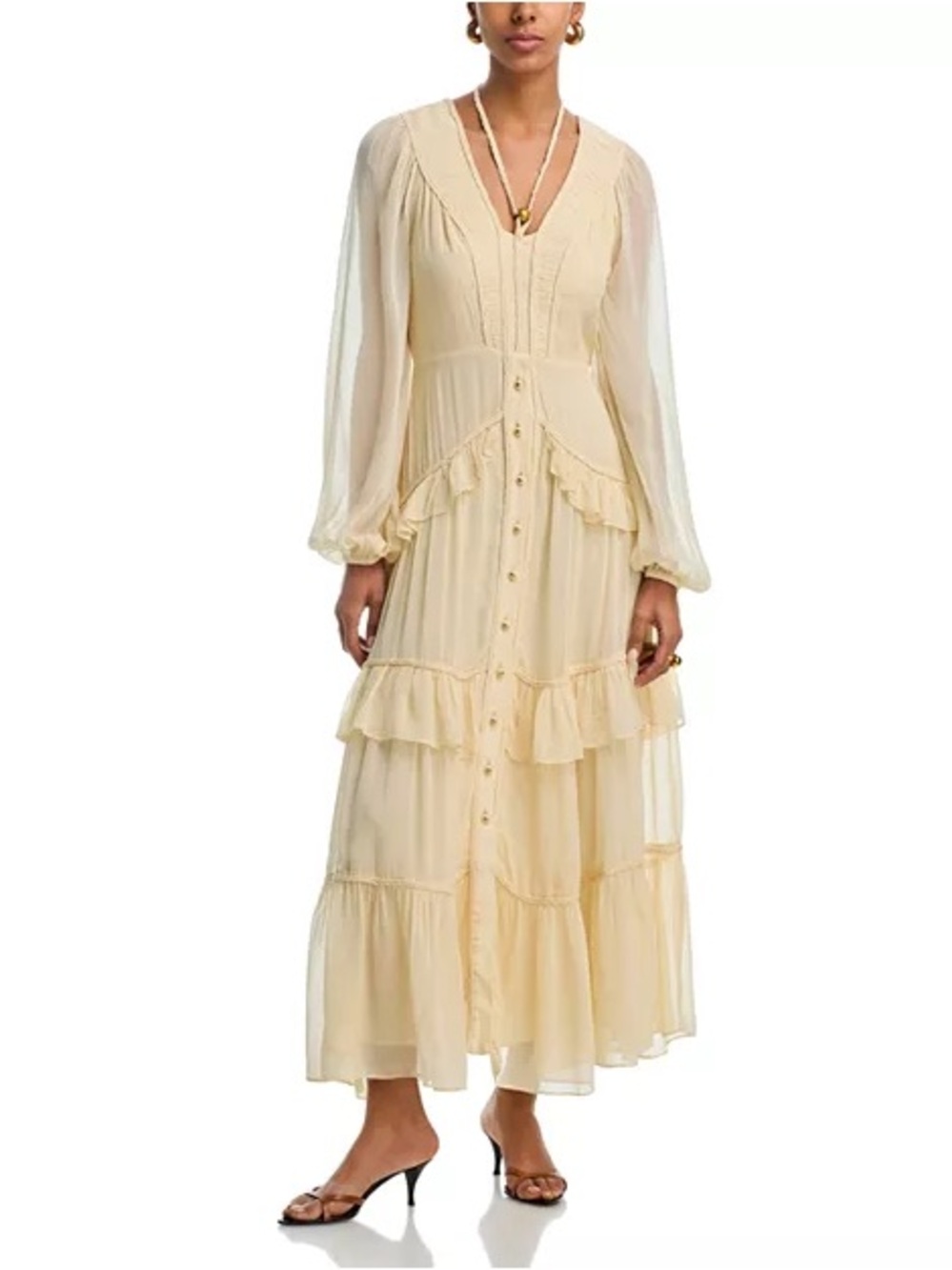 FARM Rio Cream Ruffle-Tiered Button-Front Maxi Dress